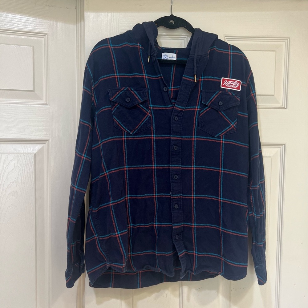 Vintage Hurley Flannel Hoodie Shirt Size Large‎ Y2K Blue Red Plaid 99 Patch
